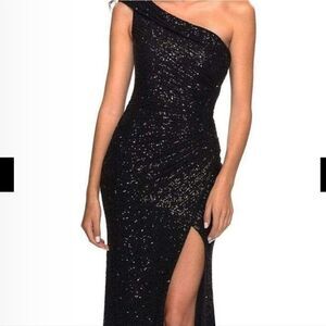 La Femme Black One-Shoulder Sequin Dress Size 0 NWT
